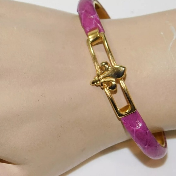 Vtg 24k Gold Plated Italy Purple Python pink Leather Lily Hook Bracelet - Picture 2 of 10